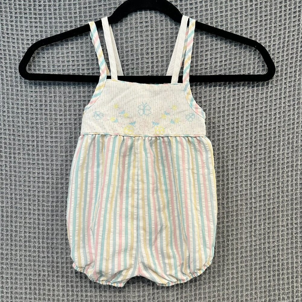 VINTAGE Buster Brown Pastel Striped Seersucker Bubble Romper 24M